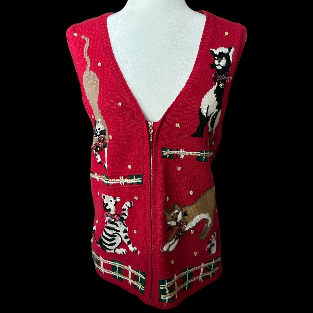 Vintage Red Knit Kitten Cat‎ Sweater Vest Women’s Size Small